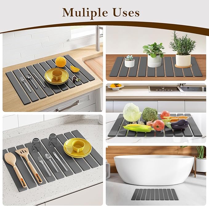Stone Dish Drying Mats for Kitchen Counter-23.6“x 15.3”,Eco-Friendly,Foldable quick dry stone mat kitchen,Absorbent Diatomaceous Earth Mats for Dishes Bottles Cups Bathroom Any Countertop-Dark Gray