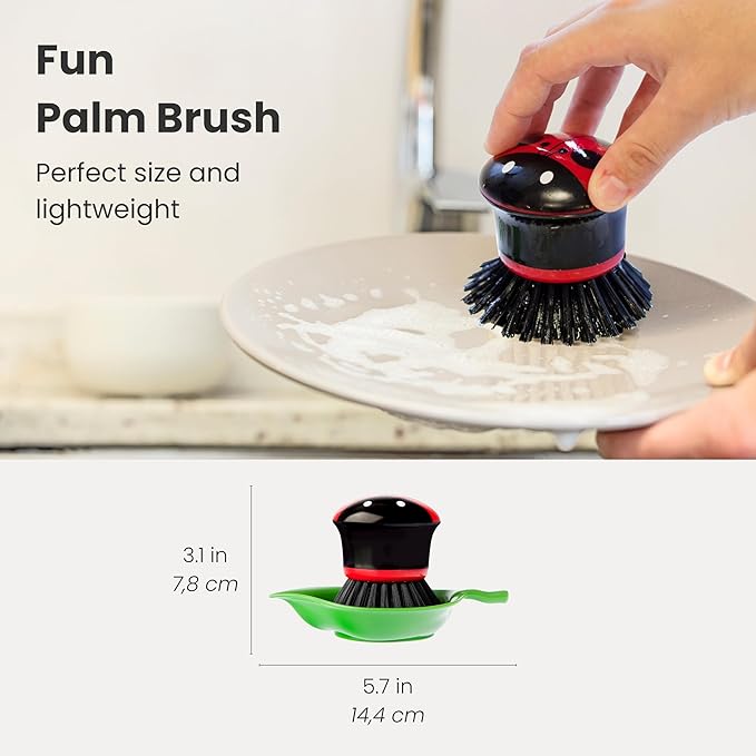 Vigar Ladybug Palm Dish Scrub Brush with Holder, Perfect Kitchen Brushes for Dishes, Sink Brush and Cleaning Brushes for Household Use, Red, Green