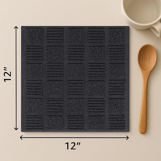 DecorRack 10 Pack 100% Cotton Kitchen Towels, 12x12 inch Soft Terry Dishcloths, Absorbent Hand Towels for Cleaning, Drying & Dishes, Plaid Pattern Cleaning Rags, Gray (Pack of 10)