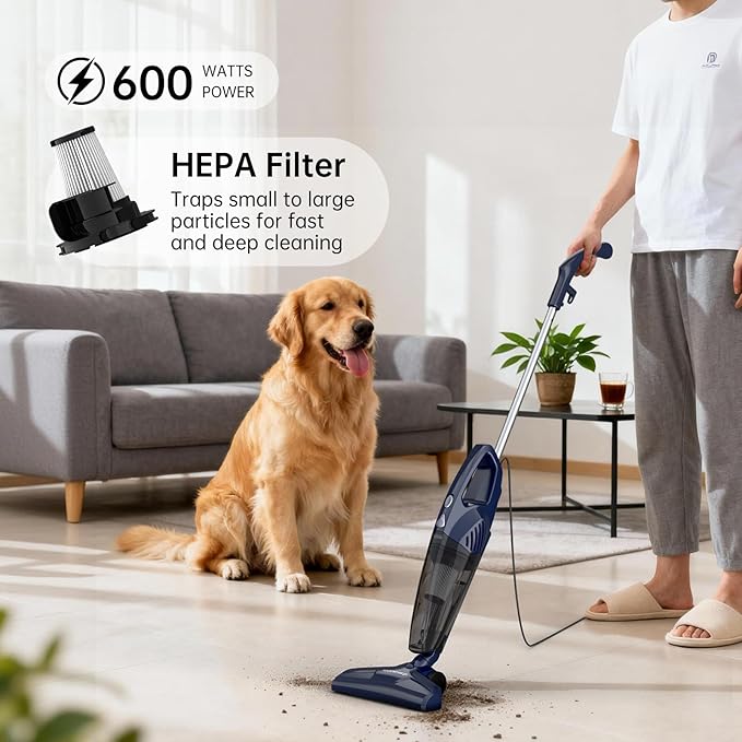 Corded Stick Vacuum for Pet Hair & Hard Floors - Lightweight, 3-in-1 Handheld with 180°Left-Right Steering, 14KPA Powerful Suction on Low-Pile Carpet, HEPA Filter, 16.4ft Cord, 0.7L Capacity (VA001)