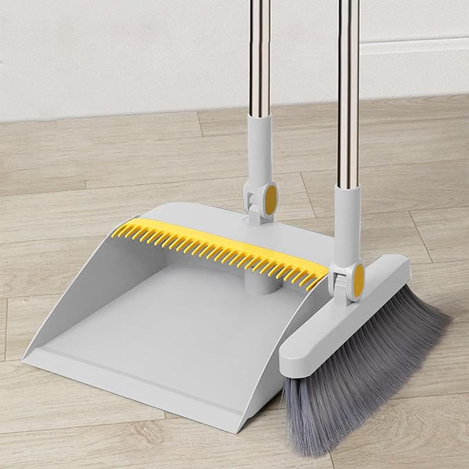 Broom with Dustpan Combo Set 180-degree Rotatable Brooms and Dustpan Set Non-Stick Hair Dustpan Sweeping Brooms Vertical Storage Broom Set Dust Pan and Broom Set for Dog Cat Pets Home Use (Gray)