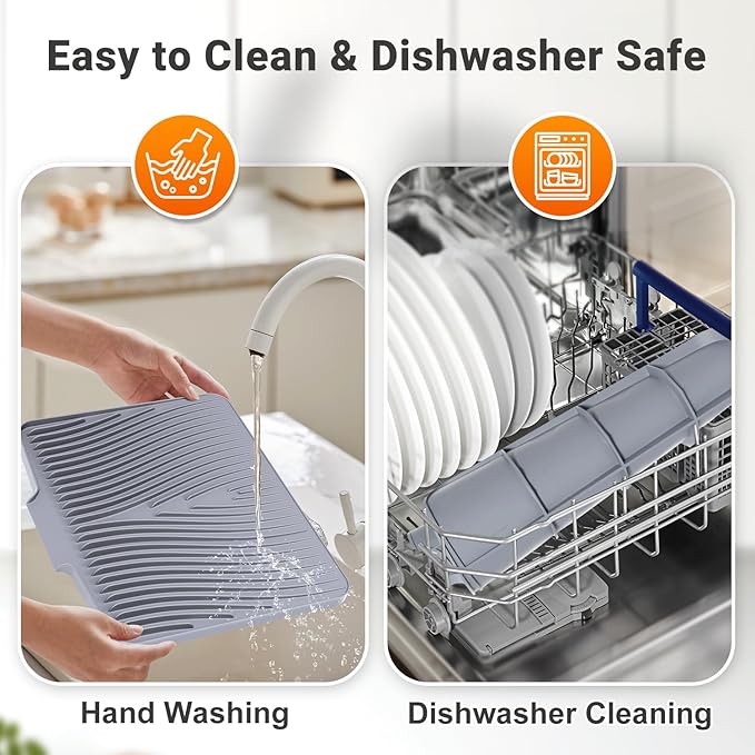 Silicone Dish Drying Mat for Kitchen Counter, Dish Drying Pad, Non-Slip Drain Pad with Built-in Drain, Heat Resistant Stone Drying Mat,Grey-2pcs