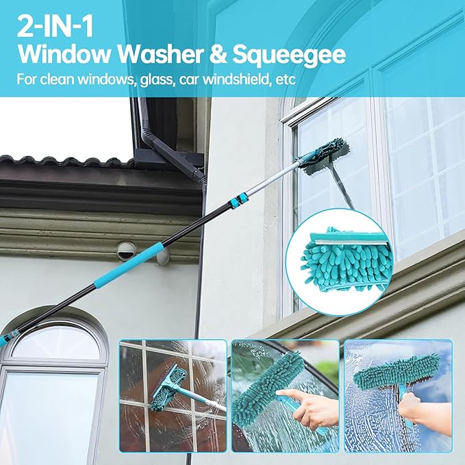 High Ceiling Duster Kits with 3-8ft Heavy Duty Extension Pole - Fan Blade Cleaner, Cobweb Remover & Blue Window Squeegee Kit, Washable Dust Brush and Glass Surfaces, Skylight Shades Operating Hook