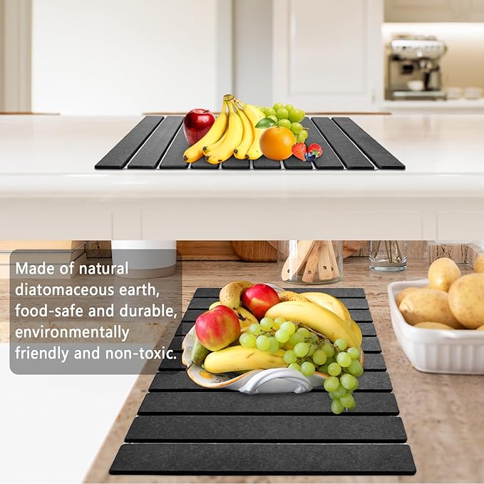 Stone Drying Mat for Kitchen Counter, Large Foldable Drying Stone with Non-slip Mat, Quick Dry Absorbent Diatomaceous Earth Mat for Dishes, Cups, Bottles, Any Countertop, 24"×16", Dark Gray