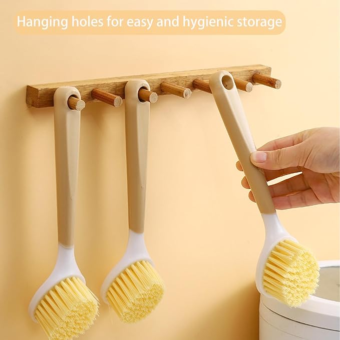 Dish Brush with Built-in Scraper, Non-Slip Durable Plastic Handle Heavy Duty Scrubber for Pots and Pans, Kitchen Sink Cleaning Caked-On Food, 2 Pack