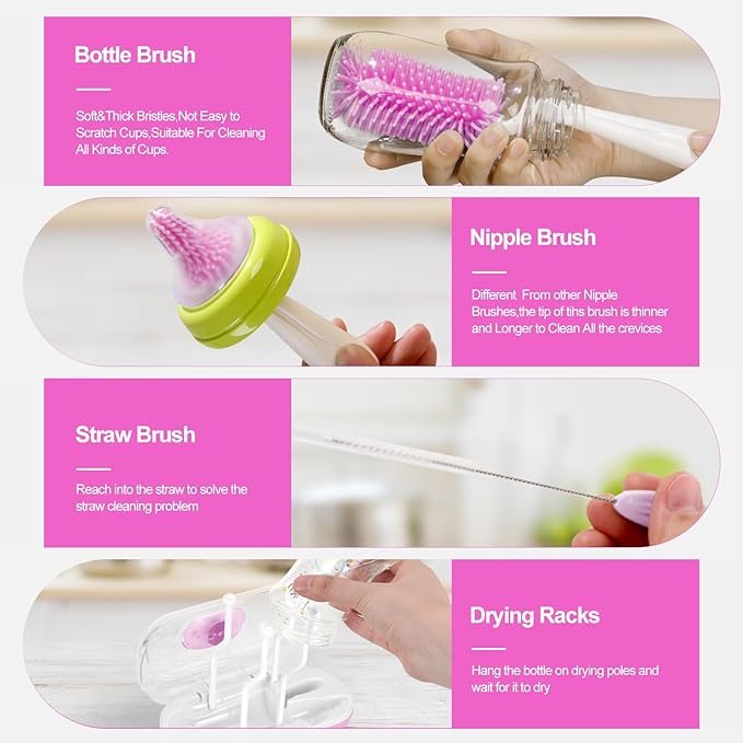 Bottle Brush Set with Drying Rack,Travel Bottle Cleaner Kit with Baby Bottle Brush,Straw Cleaner Brush,Nipple Brush-Baby Travel Essentials for Flying (Purple, Box-Shaped)
