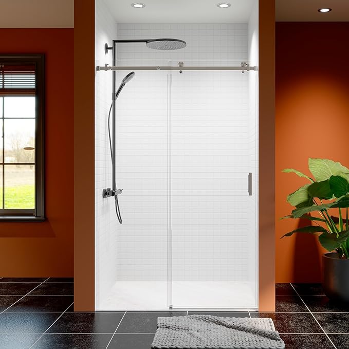 46-48 Inch Frameless Sliding Shower Door, 76" Height, 5/16" (8mm) Clear Tempered Glass, Smooth Gliding Track & Anti-Jumping System, Stainless Steel Brushed Nickle Finish