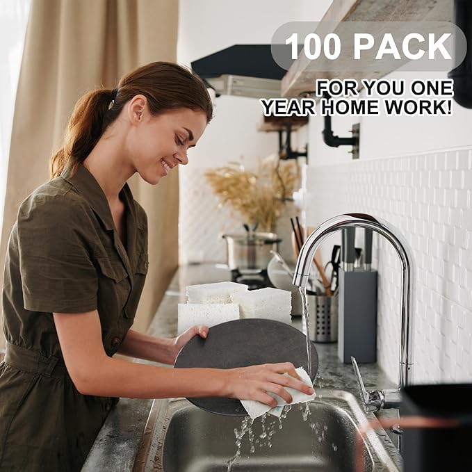 Zhengmy 100 Pieces Sponges Kitchen Compressed Sponges Bulk Natural Dish Sponge Compressed Wood Pulp Cleaning Sponge Without Scratching for Kitchen Bathroom, 3.9 x 2.4 x 0.12 Inch (White)