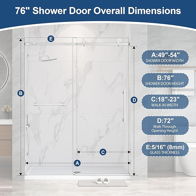 Frameless Shower Door,5/16" (8mm) Glass Sliding Shower Door with Soft-Close & Anti-Leak,Nano Coating Anti-Explosion Film SGCC Tempered Glass 49"-54" X 76"H,Brushed Nickel