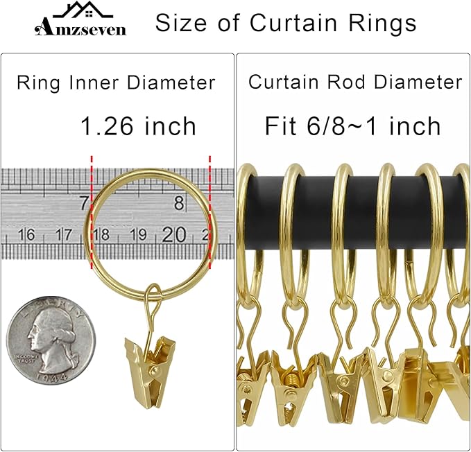 90 Pack Curtain Rings with Clips, Drapery Clips with Rings, Drapes Rings 1.26 in Interior Diameter, Fits up to 1 in Curtain Rod, Gold Color