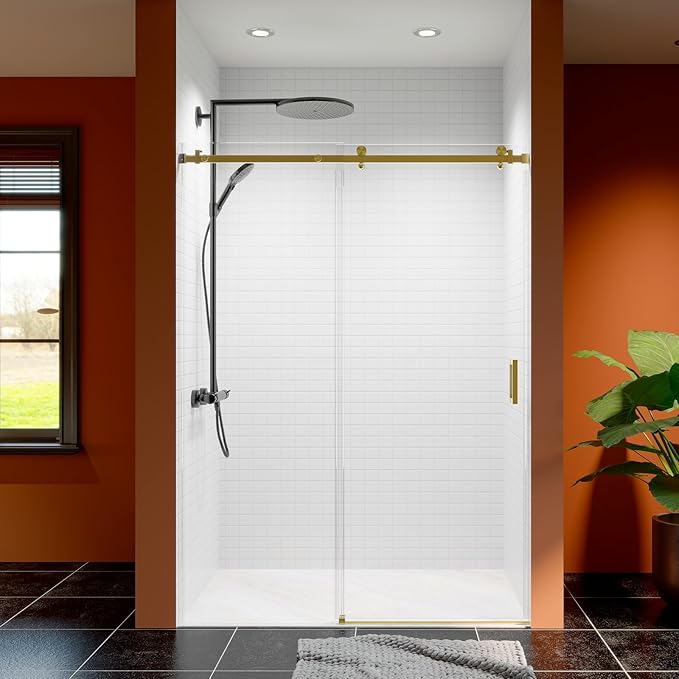 50-54 Inch Frameless Sliding Shower Door, 76" Height, 5/16" (8mm) Clear Tempered Glass, Smooth Gliding Track & Anti-Jumping System, Stainless Steel Brushed Gold Finish