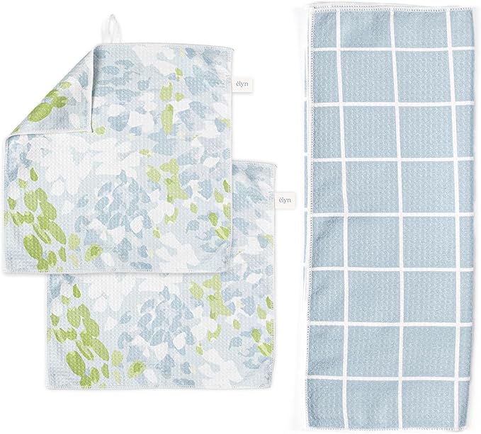 ELYN Microfiber Kitchen Dish Towel & Dish Cloth Set, Quick-Dry & Absorbent Waffle Weave Cleaning Cloths, Set of One Kitchen Towel & Two Washcloths, Paper Towels Alternative (Painterly Floral & Grid)