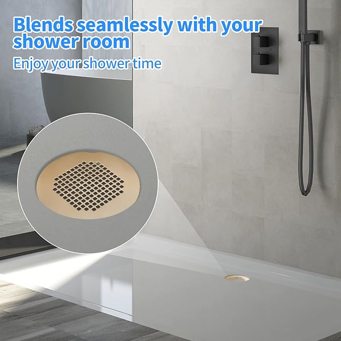Shower Drain Cover, Shower Drain Hair Catcher Snap-in Replacement Strainer, Gold Round Grate, Drain Protector Designed for 4.25" D Standard Round Shower Drains