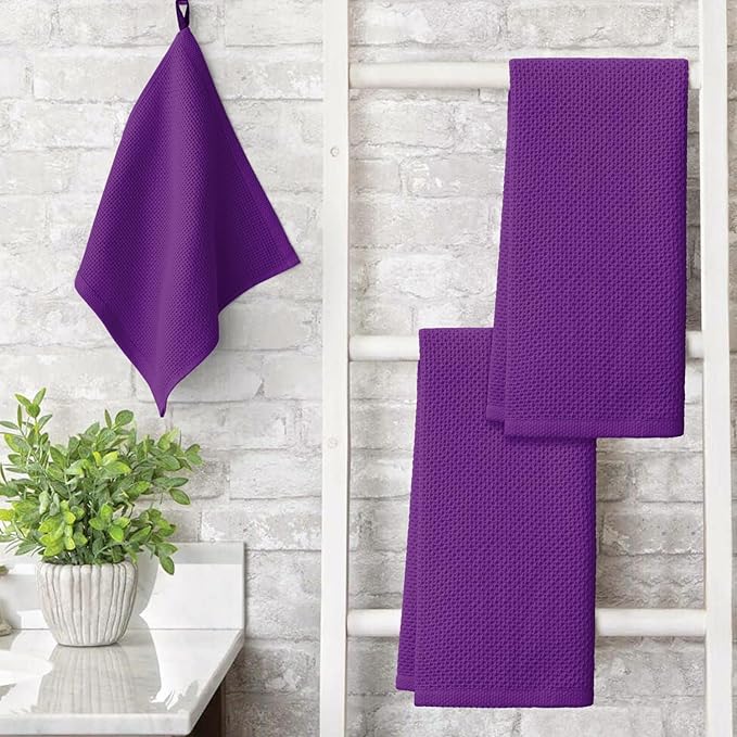Artoid Mode 100% Cotton Purple Waffle Weave Kitchen Dish Cloths, 13x28 Inch Ultra Soft Absorbent Quick Drying Kitchen Dish Towels Set of 4