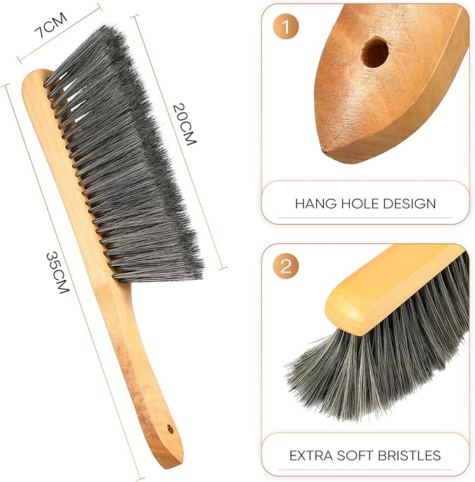 Patelai 2 Pieces Wooden Bench Brushes Fireplace Brush Natural Fiber Bench Soft Bristles Long Wood Handle Dust for Hearth Tidy Car Home Workshop Woodworking(Gray, Brown)