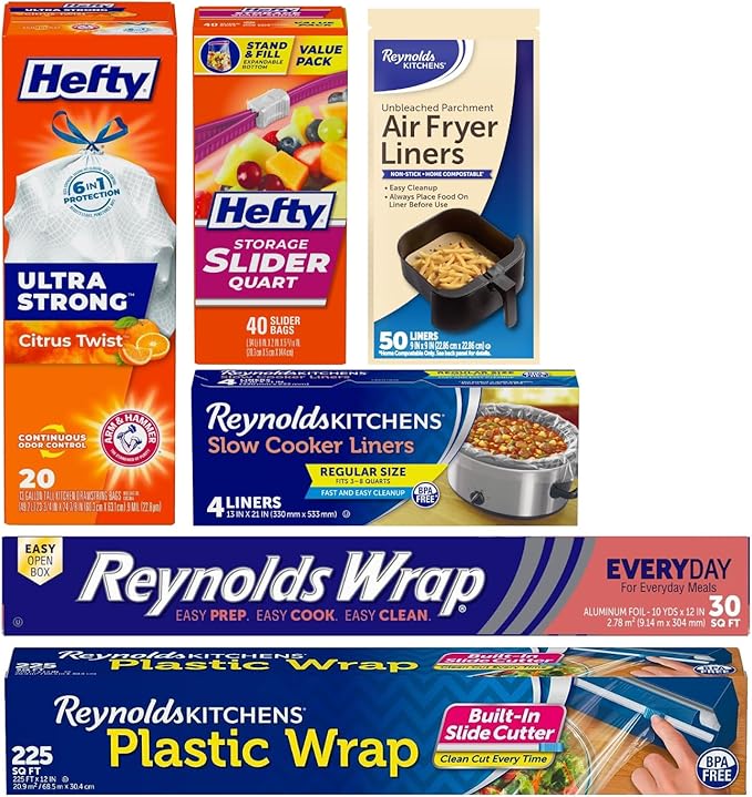 Reynolds Kitchen Bundle, Slow Cooker Liners, Regular, Kitchen Air Fryer Liners,Ultra Strong Tall Kitchen Trash Bags, Citrus Twist, Aluminum Foil, Storage Slider Bags Quart, Plastic Wrap,1 CT each.