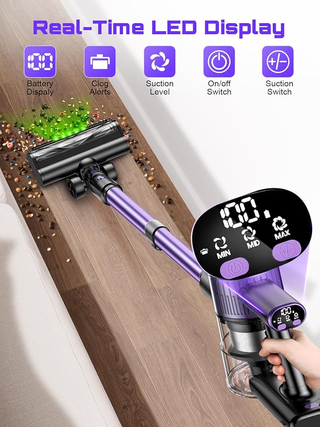 Cordless Vacuum Cleaner, 45KPA /10-in-1 Stick Vacuum with 29-inch Hose, 45Mins Runtime Vacuum Cleaners for Home, Anti-Tangle Brush, Lightweight Rechargeable Vacuum for Hardwood Floor (Purple)