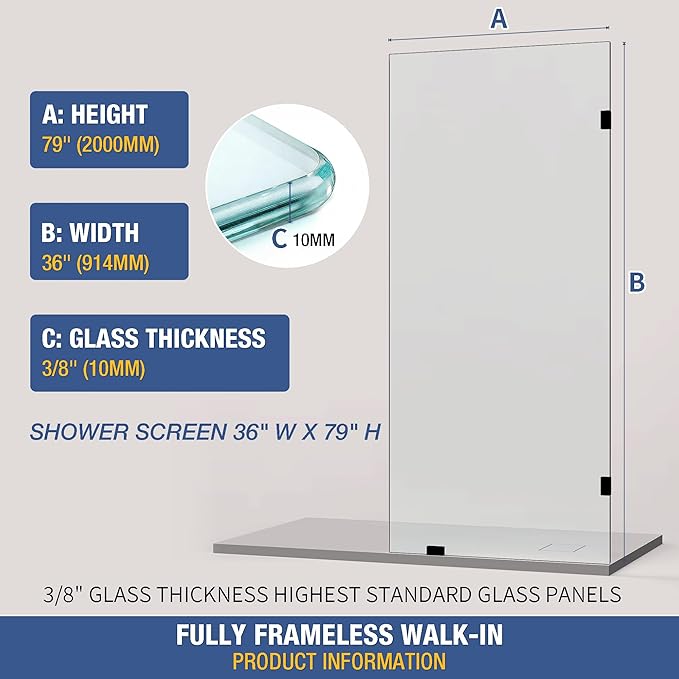 Shower Glass Panel 36" x 79" Easy-to-Clean Treated, 3/8" Tempered Glass Shower Screen, Frameless Shower Door for Walk In Bathroom, Matte Black
