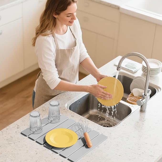 Stone Dish Drying Mats for Kitchen Counter,15.5“x 11.8”,Eco-Friendly,Foldable quick dry stone mat kitchen,Absorbent Diatomaceous Earth Mats for Dishes Bottles Cups Bathroom Any Countertop-Light Gray