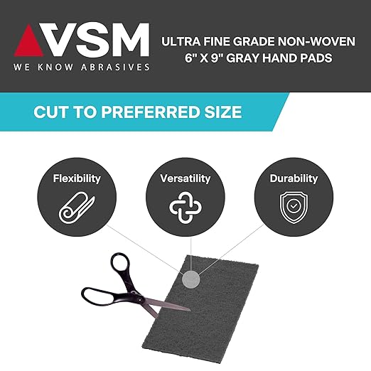 VSM 10-Pack: 6" x 9", Gray - Ultra Fine, Non-Woven Hand Pad, Silicon Carbide Grains, Rust and Oxidation Resistant, Multipurpose Abrasive Scrub Pad for Finishing and Cleaning