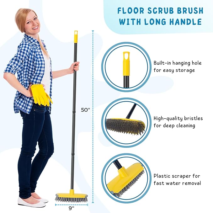Deck Brush with Long Handle, Scrub Brush for Shower, Stainless Steel Wire Scrub Brush with Long Handle for Deck, Concrete, Patio Floor Cleaning