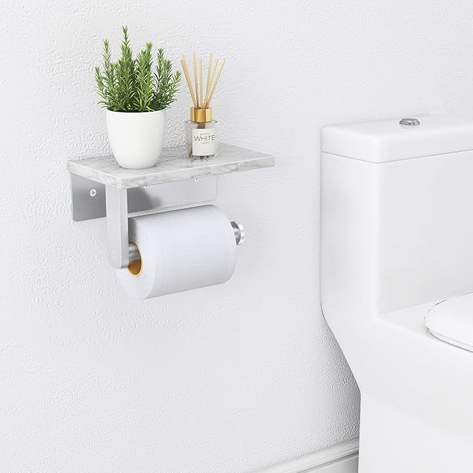 Brushed Nickel Toilet Paper Holder with Natural Marble Shelf, Screw Wall Mounted, Tissue Roll Holder for Bathroom Washroom