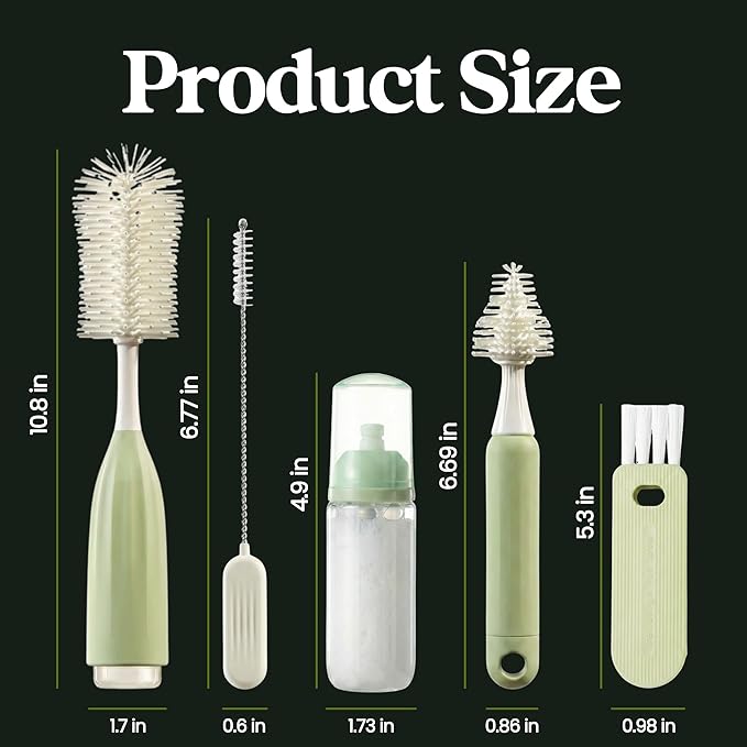 Bottle Brush Set Cleaner Silicone Brushes - Premium Food-Grade Silicone - Travel Friendly Portable Baby Bottle Cleaner Kit (Green, Press Bubble Style)