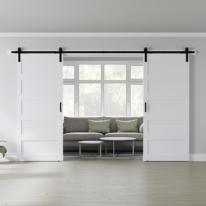 Double 36" x 96" White Barn Door with 12FT Sliding Door Hardware Kit Included, 5-Panel, Assemblely Needed, Waterproof PVC Surface, Max Opening 70in x 94in