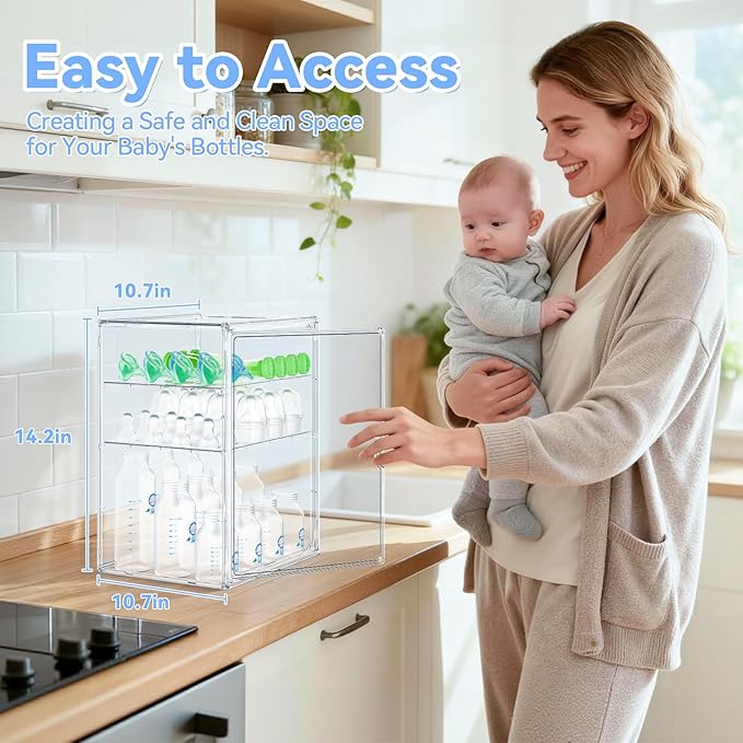 Baby Bottle Organizer for Countertop, Large Clear Bottle Storage Organizer, Baby Bottle Storage Organizer for Bottles, Nipples, Pump Parts & Food Jars, Nursery Cabinet, Kitchen Pantry