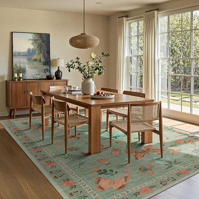 5x7 Washable Area Rugs for Bedroom & Living Room - Inscet Floral Boho Vintage Rug,Soft & Non-Slip,Low Pile Wool Carpet for Indoor Dining Room,Girls Room,Nursery Room and Kids Room(Green)