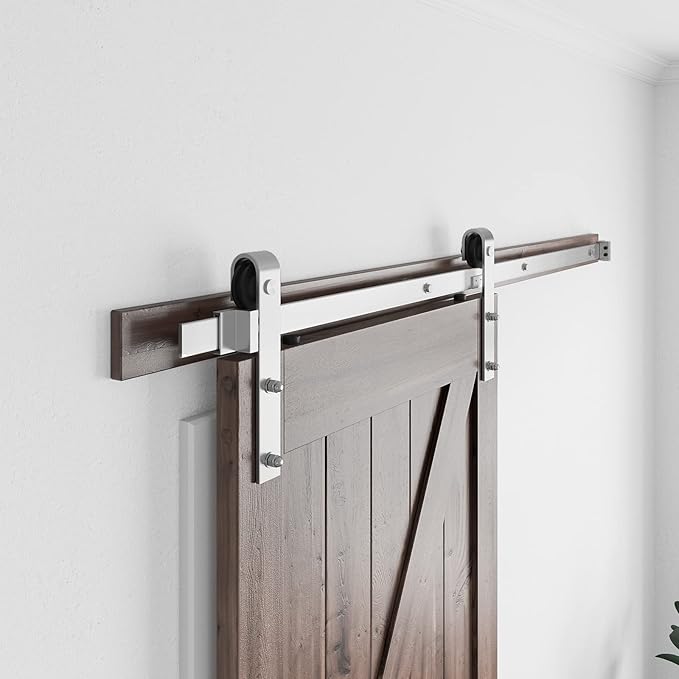 SMARTSTANDARD 5 Feet Brushed Nickel Barn Door Hardware Kit-Heavy Duty Sliding Track-Smoothly and Quietly-Easy to Install-Fit 30" Wide Door Panel (J Shape Hanger)