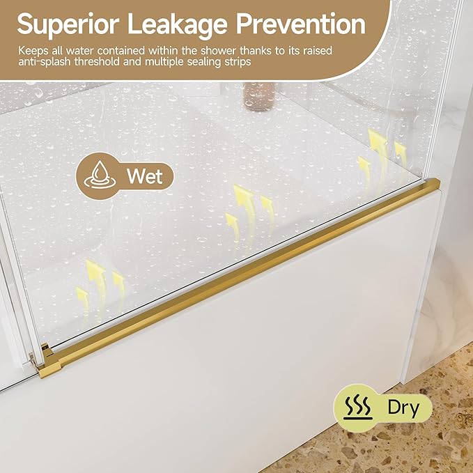 Frameless Bathtub Shower Door, 56-60" W x 60" H Single Sliding Tub Shower Glass Doors, 5/16" (8mm) SGCC Tempered Glass Bath Tub Door with Explosion-Proof Film, Brushed Gold, Easy to Clean