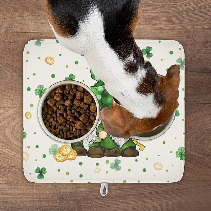 St Patrick's Day Gnome Dish Drying Mat for Kitchen Counter,Inch Lucky Shamrock Gold Coin Drying Mat 16 x 18 Inch with Absorbent Reversible Microfiber Dish Drying Pad for Coffee Bar
