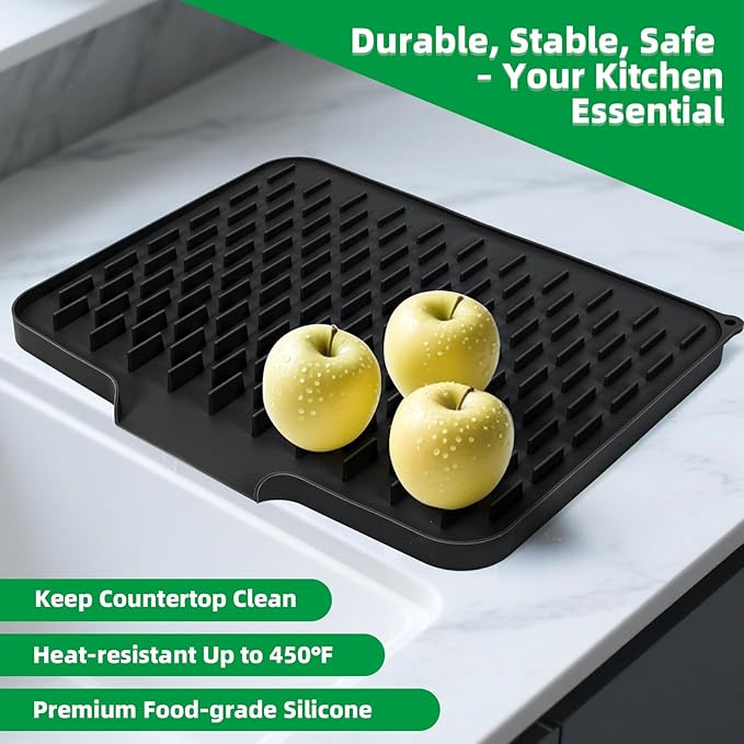 LONGKING Black Non-Slip Dish Drying Mat - Multi-Use Silicone Mat & Dish Drying Rack for Kitchen Counter