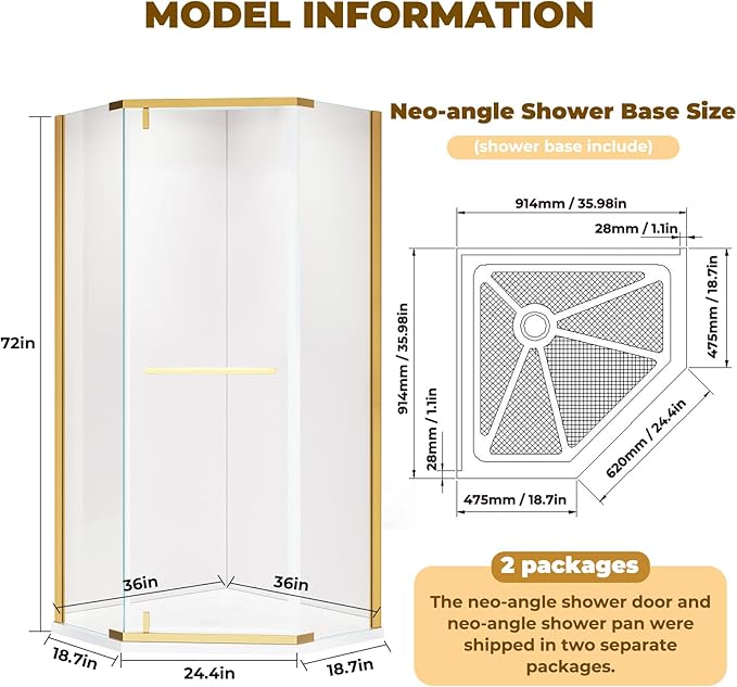 36" D x 36" W x 72" H Neo-Angle Shower Door with Shower Pan, Corner Shower Enclosure with Explosion-Proof Film and Nano Coating, Stainless Steel Frame, 1/4” (6MM) Tempered Glass, Brushed Gold
