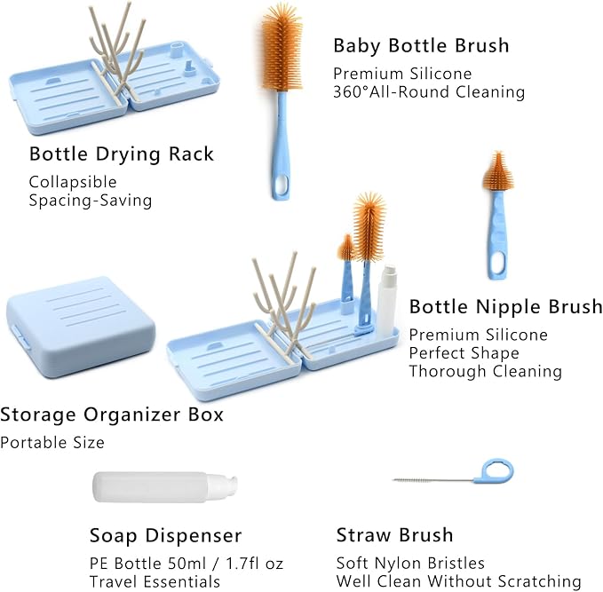 Portable Baby Bottle Brush Kit Premium Silicone Bottle Cleaner Brush, Nipple Brush, Straw Brush, Soap Dispenser, Bottle Drying Rack, and a Storage Organizer Case for Both Home and Travel Uses (Blue)