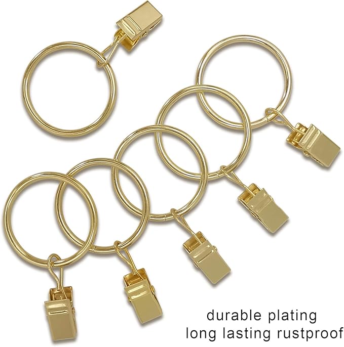 40 Pack Curtain Rings with Clips, Drapery Clips with Rings, Drapes Rings 1.26 in Interior Diameter, Fits up to 1 in Curtain Rod, Gold Color