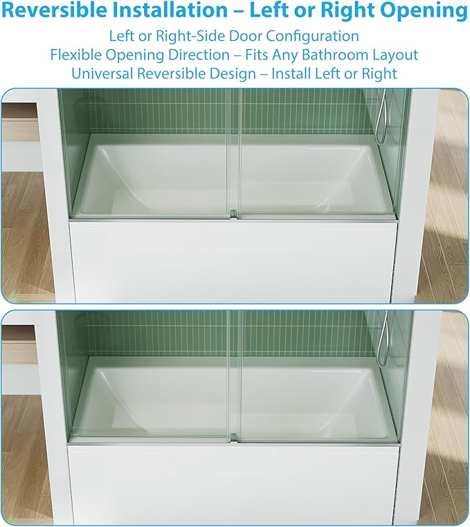 60" x 59" Frameless Sliding Shower Door for Bathtub, Dual 1/4" Brushed Tempered Glass Panels, Stainless Steel Square Top Rail & Dual Handles, Smooth Bi-Directional Sliding, Space-Efficient
