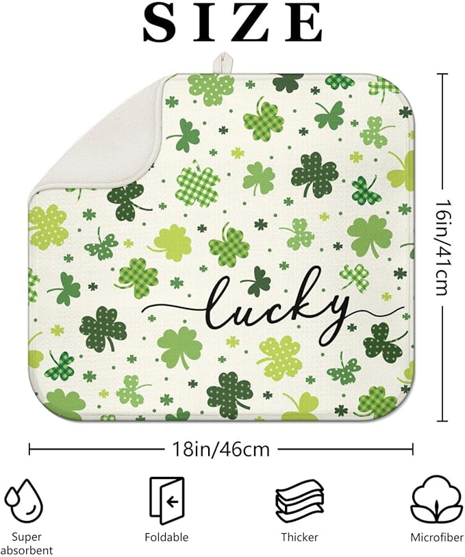 St. Patrick's Day Dish Drying Mat for Kitchen Counter, Green Four-Leaf Clover Microfiber Drain Mat, Shamrock Rug, Washable and Absorbent,16 x 18Inch