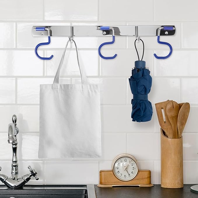 BESPORTBLE Stainless Steel Wall-Mounted Mop Holder and Multi-Function Storage Rack with 3 Mop Slots and 2 Hooks, No Drilling Installation for Bathroom, Kitchen, and Laundry Organization