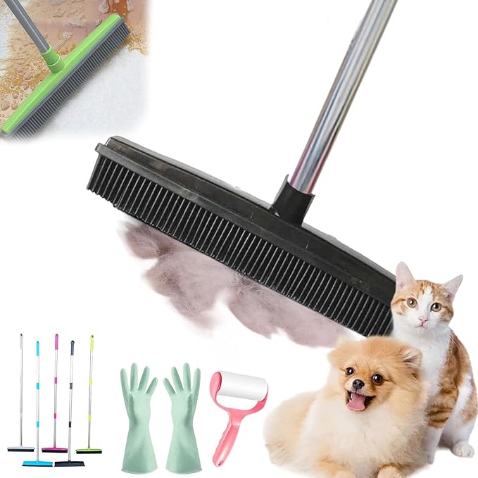 Pet Hair Rubber Broom, Rubber Broom for Pet Hair On Carpet, Pets Hairs Removal Broom with 49" Adjustable Handle, Soft Push Broom with Squeegee for Carpet, Hardwood Floor, Tile (C)