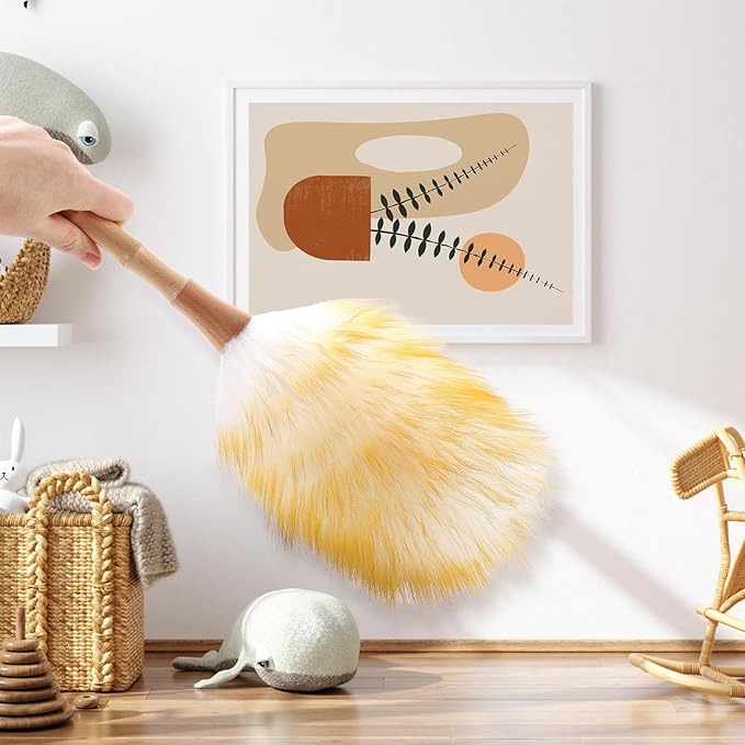 2-Pack Feather Duster Bundle: Ostrich Feather Duster (extendable from 10 to 15 inches) & Lambswool Duster (14.9 inches, Wooden Handle) - Anti-Static, Reusable, Eco-Friendly for Home, Car,