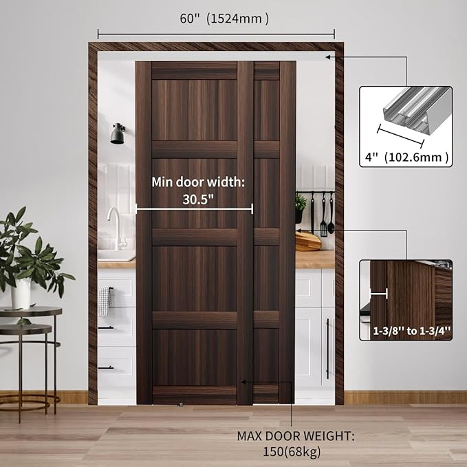 Heavy Duty Bypass Sliding Closet Door Track Hardware 60", 5FT Aluminium Pocket Door Track Rail Set, Smoothly and Quietly, for 2 Door System