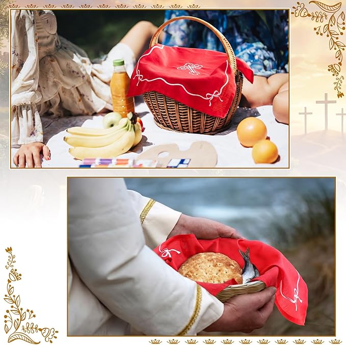 Easter Orthodox Pascha Basket Cover Table Decoration Easter Religious Gift 16.5" Square Orthodox Red Cross Embroidered Natural Crochet Large Cloth Communion Prosphora Greek Christian Altar