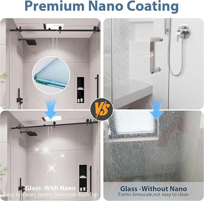 KPUY Frameless Shower Door, 43-48" W x 76" H Sliding Glass Shower Door, 1/4" (6mm) Thick Tempered Clear Glass with Explosion-Proof Film Nano Coating, Stainless Steel Hardware, Matte Black