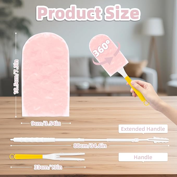 Heavy Duty Dusters Refills, Disposable Dusters Kit Compatible with Swiffer Handles, Multisurface Dusters+1 Extended Handle +1 Handle (Pink, 360°)