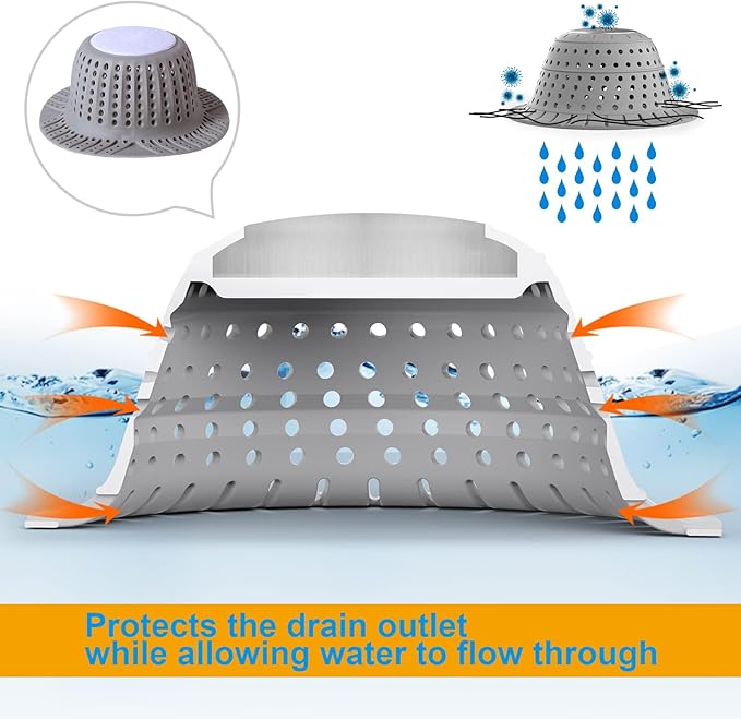Silicone Shower Drain Hair Catcher for Bathtub - Fits Over Pop-Up Drain Stopper & Flat Drains Easy to Clean (Grey)