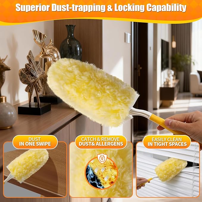 20 Count 360° Heavy Duty Duster Refills, Compatible with Swiffer Duster, Includes 1 Short Handle & 1 3 ft Extendable Handle, 4X Microfiber Cleaning Dusters, Disposable Unscented