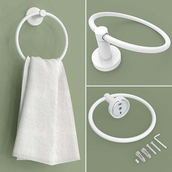 White Toilet Paper Holder & Towel Ring SUS304 Stainless Steel 2pc Bathroom Hardware Set with Double Post Pivoting Toilet Paper Roll Holder Wall Mount & Bathroom Towel Holder Set