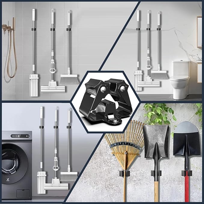 3-H Stainless Steel Broom Holder Wall Mount 50-Pack, Heavy Duty Mop and Broom Organizer with Screws, Tool Storage Rack for Kitchen, Laundry, Bathroom, Garage, Garden Shed,Black